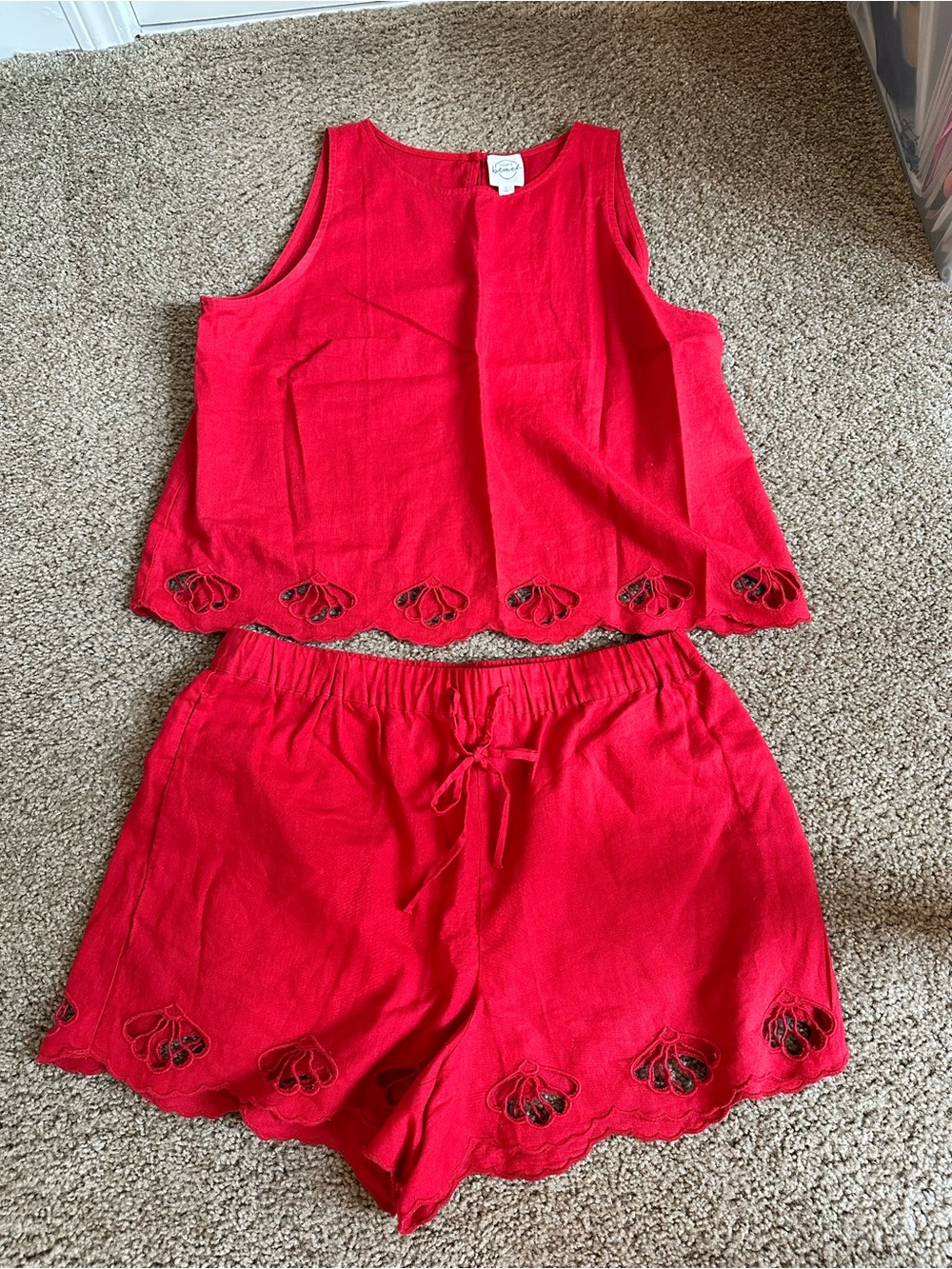 LOFT Red Linen-Blend Embroidered High-Waist Shorts Set
